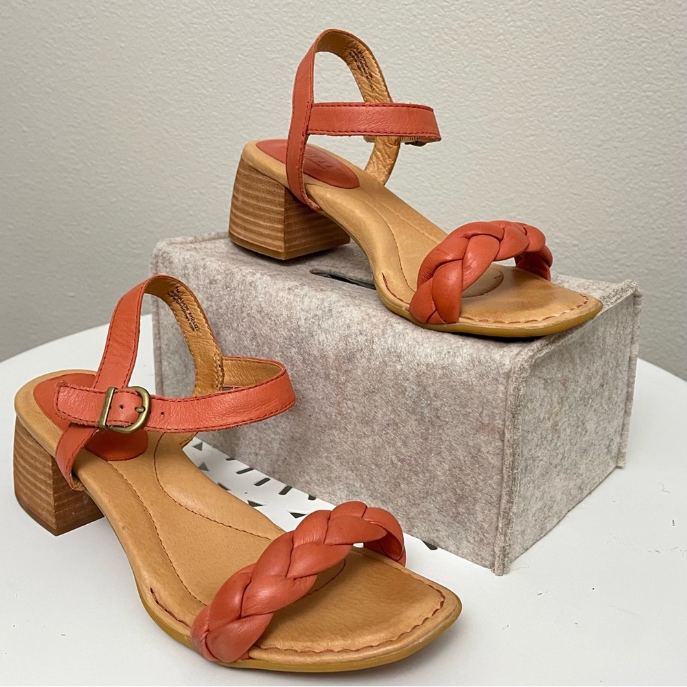 Womens Born Simone Pink Leather Braided Ankle Strap Heeled Sandals